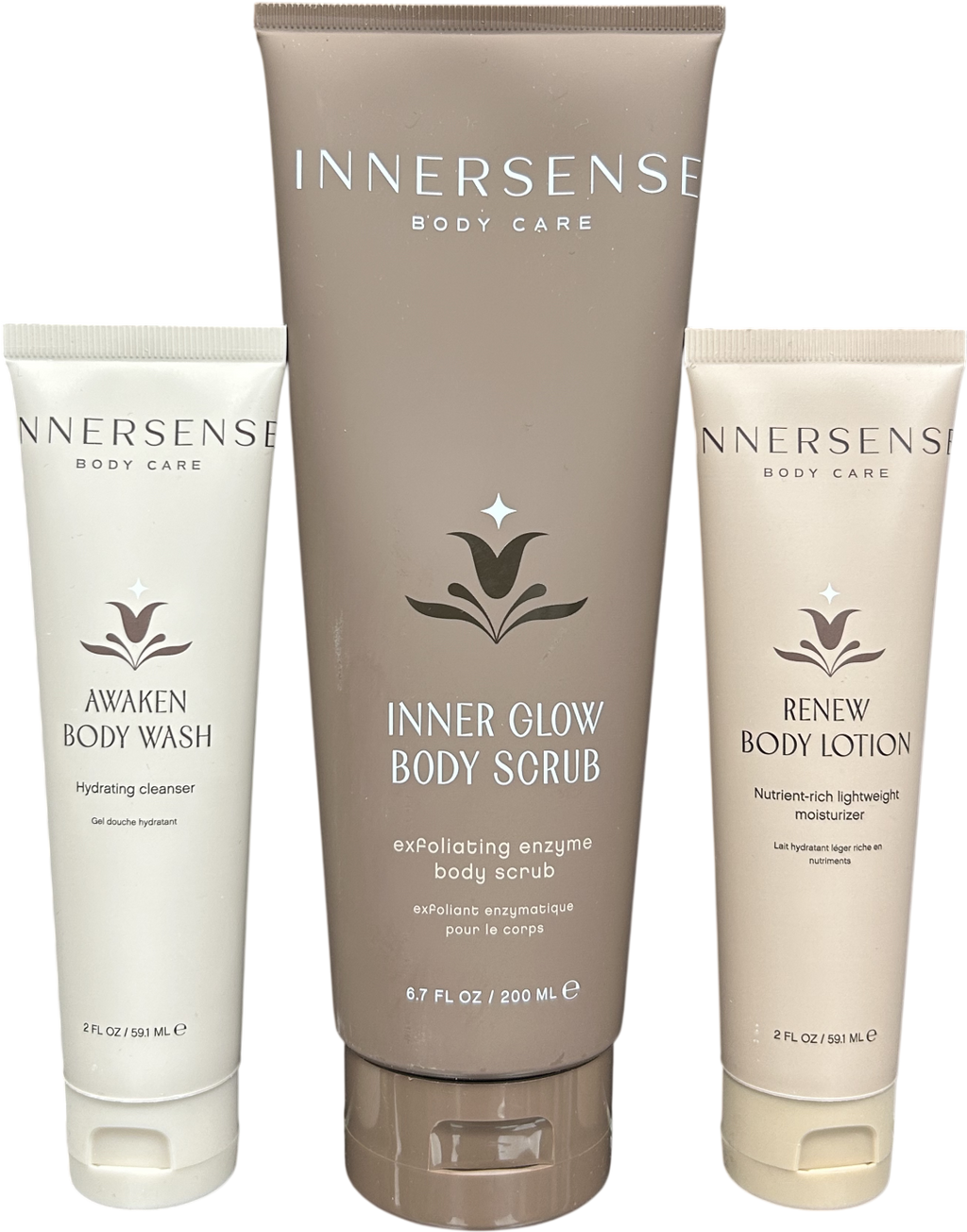 Innersense Radiant Skin Ceremony Awaken Body wash,59.1ml-Renew body lotion, 59.1ml-Inner Glow Body wash, 200ml
