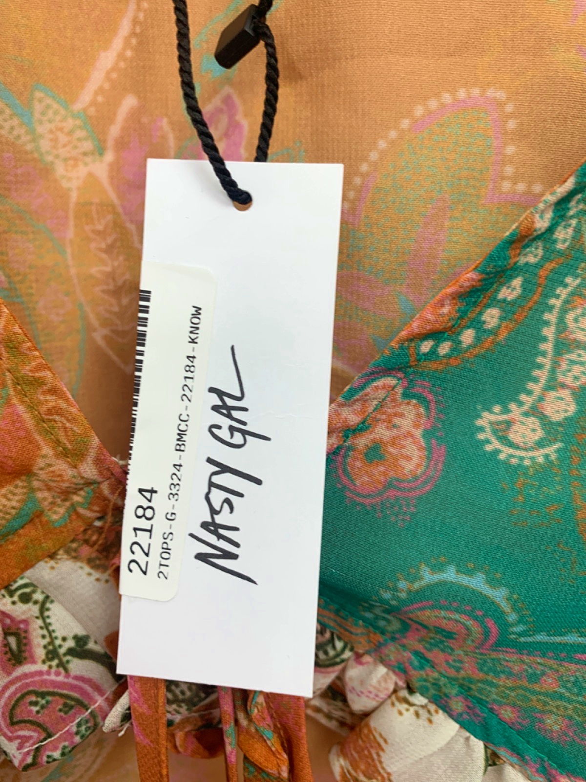 Nasty Gal Orange/Green Paisley Spliced Ruffle Coin Trim Cover Up Top UK 8