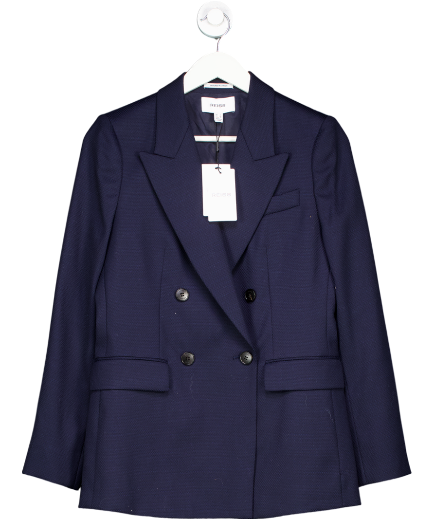 REISS Blue Hallie Textured Double Breasted Suit Blazer In Navy UK 10