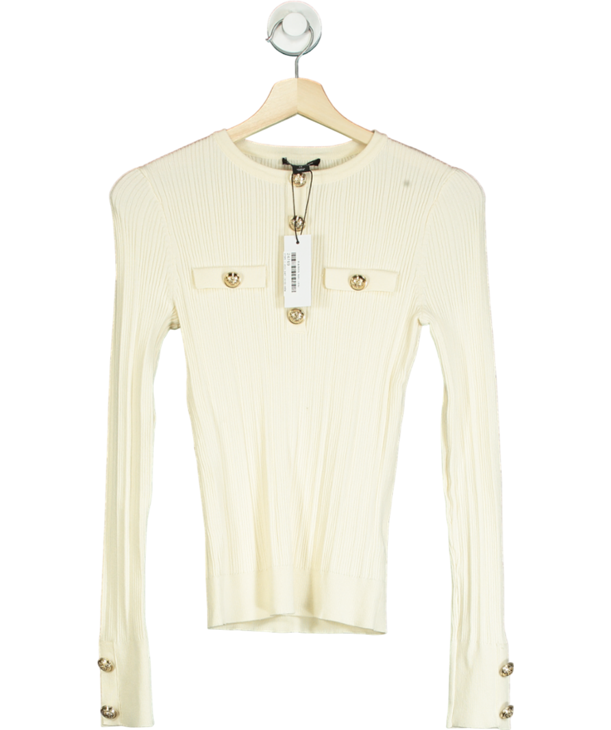 Karen Millen Cream Military Trim Rib Long Sleeve Knit Top UK XS