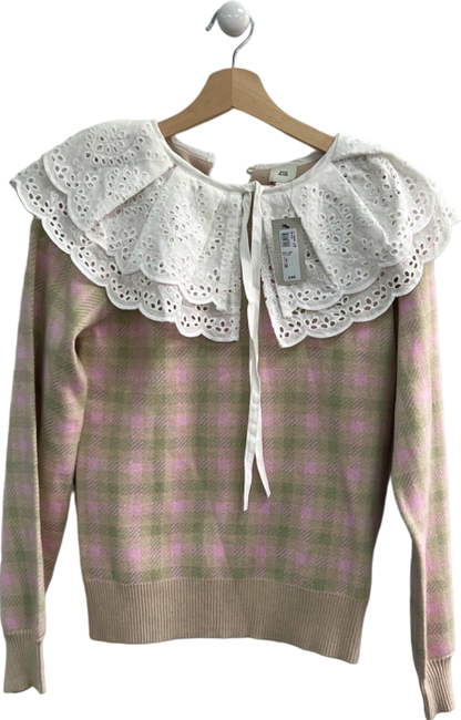 River Island Pink Light Pink Gingham Check Pattern Jumper with Broderie Lace Collar UK 10