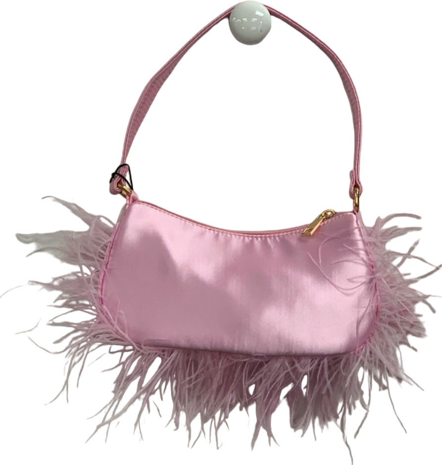 PLT Baby Pink Feather Trim Rounded Satin Shoulder Bag One Size