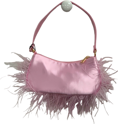 PLT Baby Pink Feather Trim Rounded Satin Shoulder Bag One Size