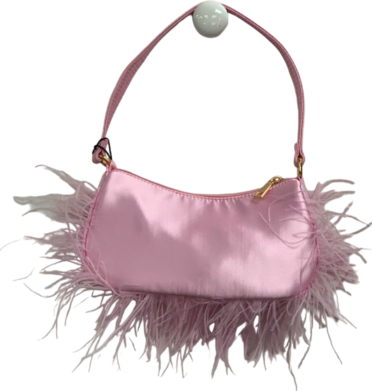 PLT Baby Pink Feather Trim Rounded Satin Shoulder Bag One Size