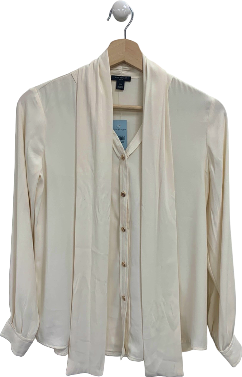Ann Taylor Cream Blouse with Neck Tie Detail UK XXS Petite
