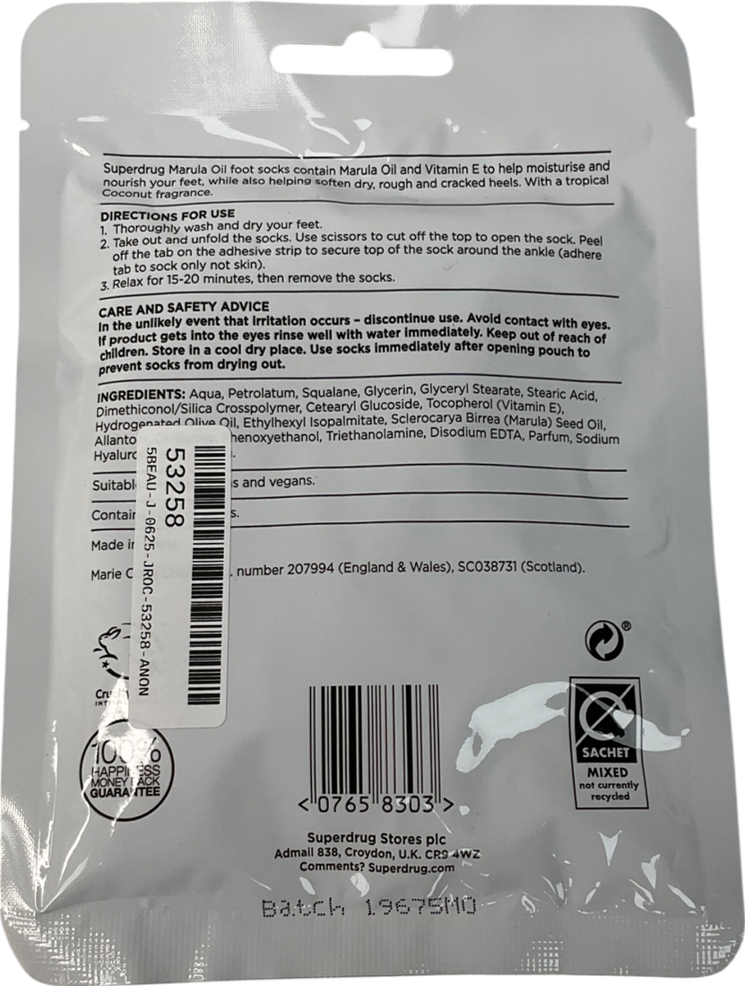 Superdrug White Marula Nourishing Foot Mask With Foot Socks One Size