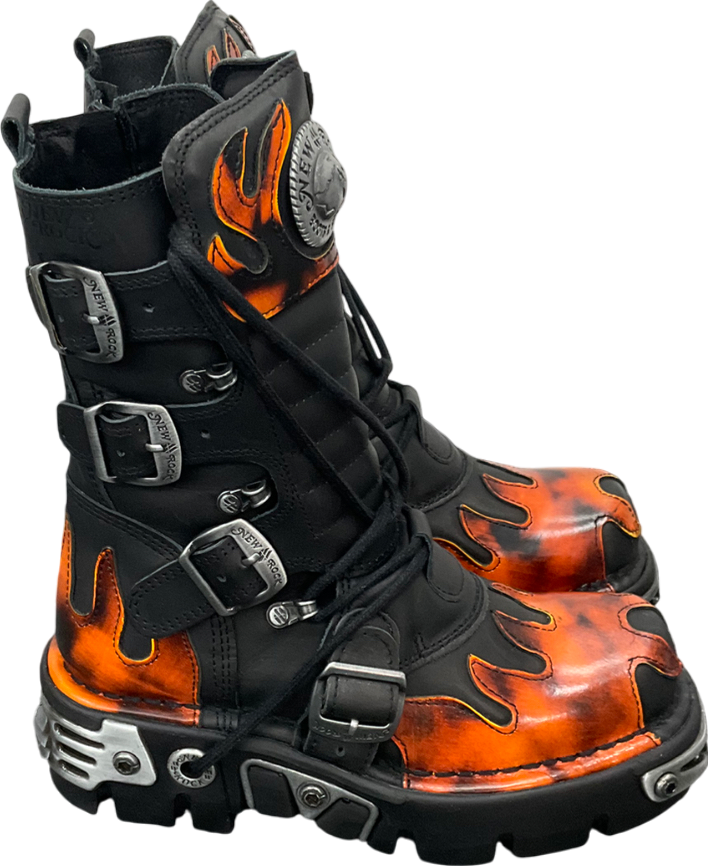 New Rock Black Flame Accented Leather Biker Boots UK 5 EU 38 👠