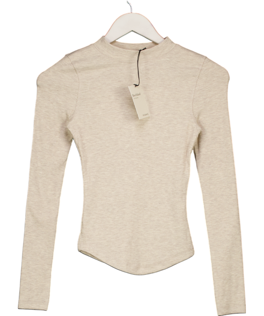 River Island Beige Long Sleeve Ribbed Crew Neck Top UK XS