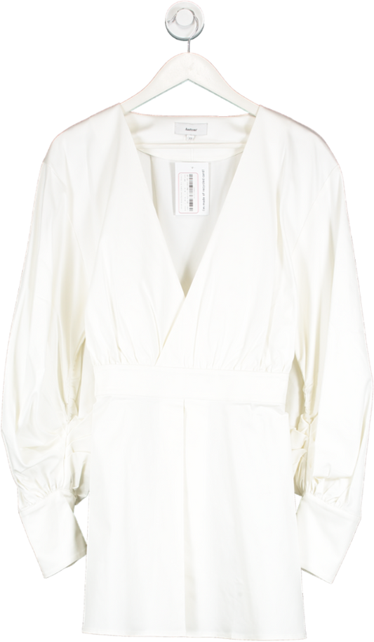 Auteur White Cotton Blend Ruched Sleeve Mini Dress UK XS