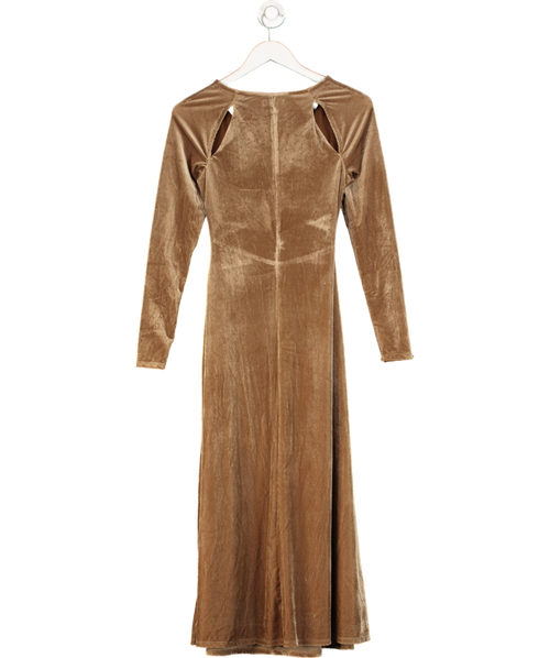 AFRM Cala Ribbed Cutout Long Sleeve Velvet Midi Dress - Brown UK XS