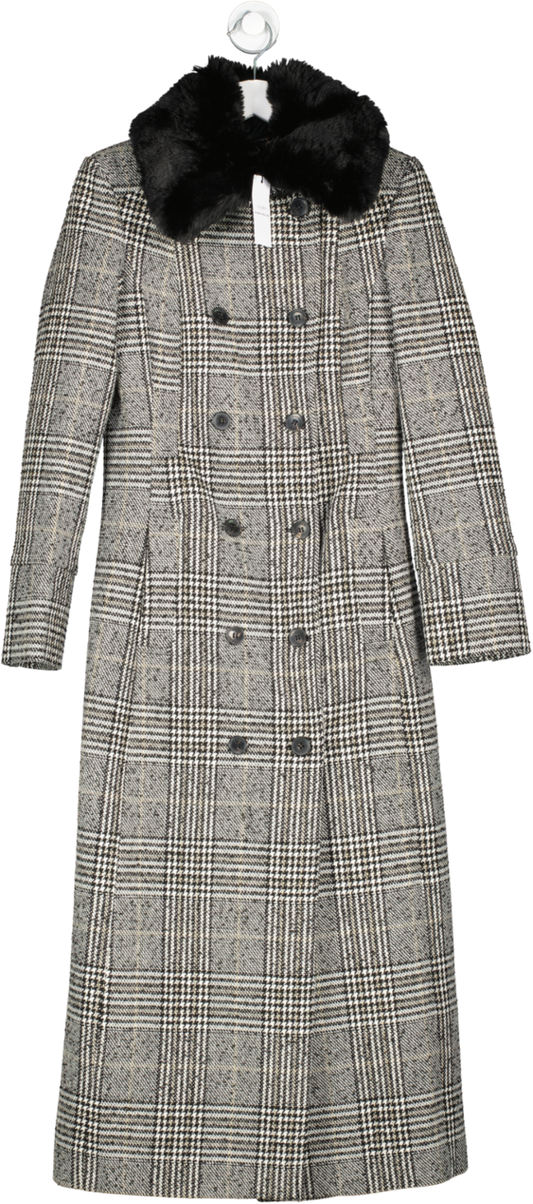 Karen Millen Black X Lydia Millen - Tailored Check Faux Fur Collar Maxi Coat UK 8
