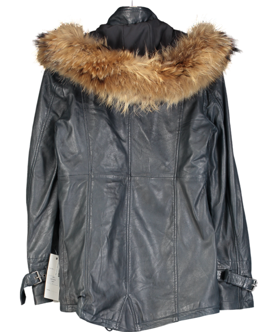 Infinity Leather Blue Warm Leather Hooded Parka Jacket UK S