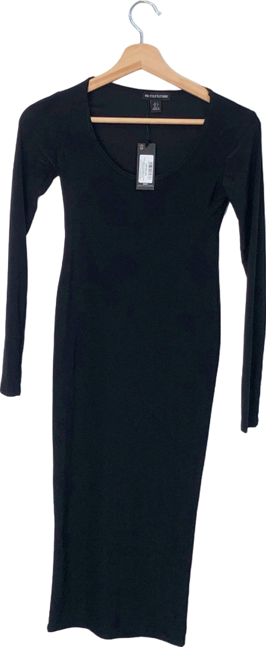 PrettyLittleThing Black Petite Black Long Sleeve Jersey Midi Dress UK 6