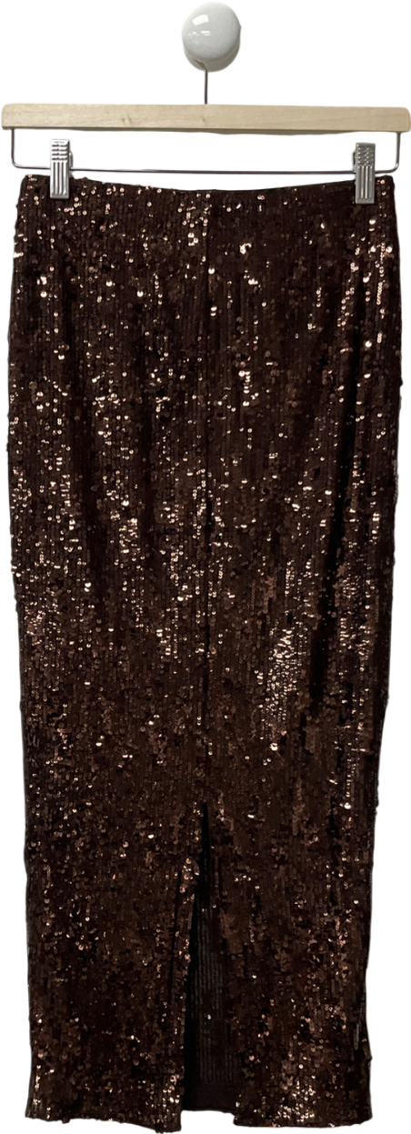 New Look Brown Sequinned Mesh Midi Skirt UK 8