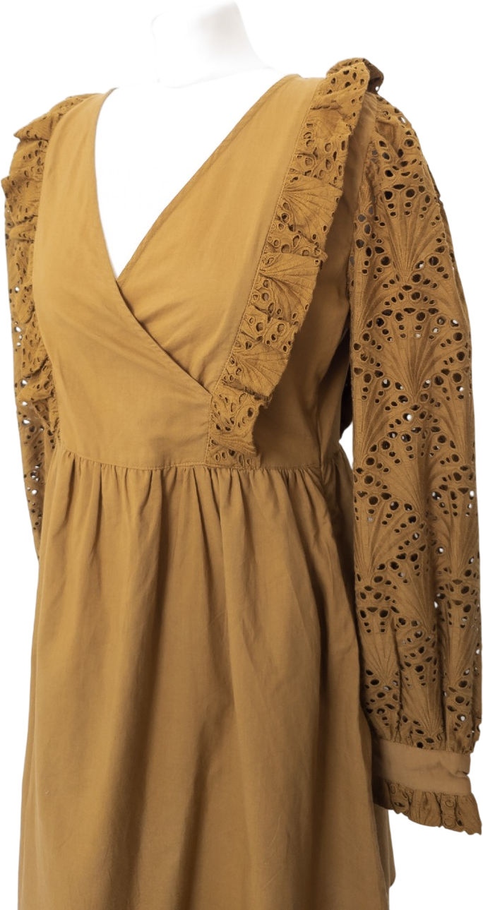 ATELIER REVE Brown 100% Cotton Long Sleeve Broderie Trim Dress Fr36 UK 8