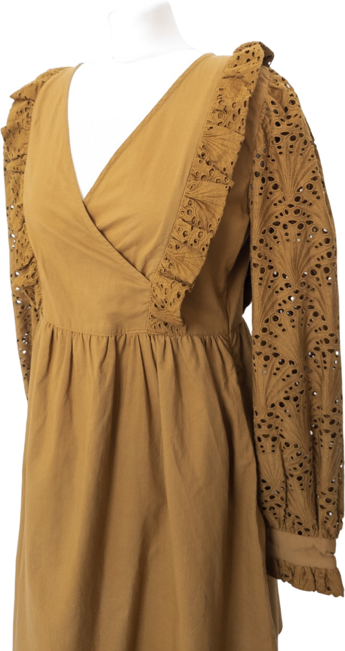 ATELIER REVE Brown 100% Cotton Long Sleeve Broderie Trim Dress Fr36 UK 8