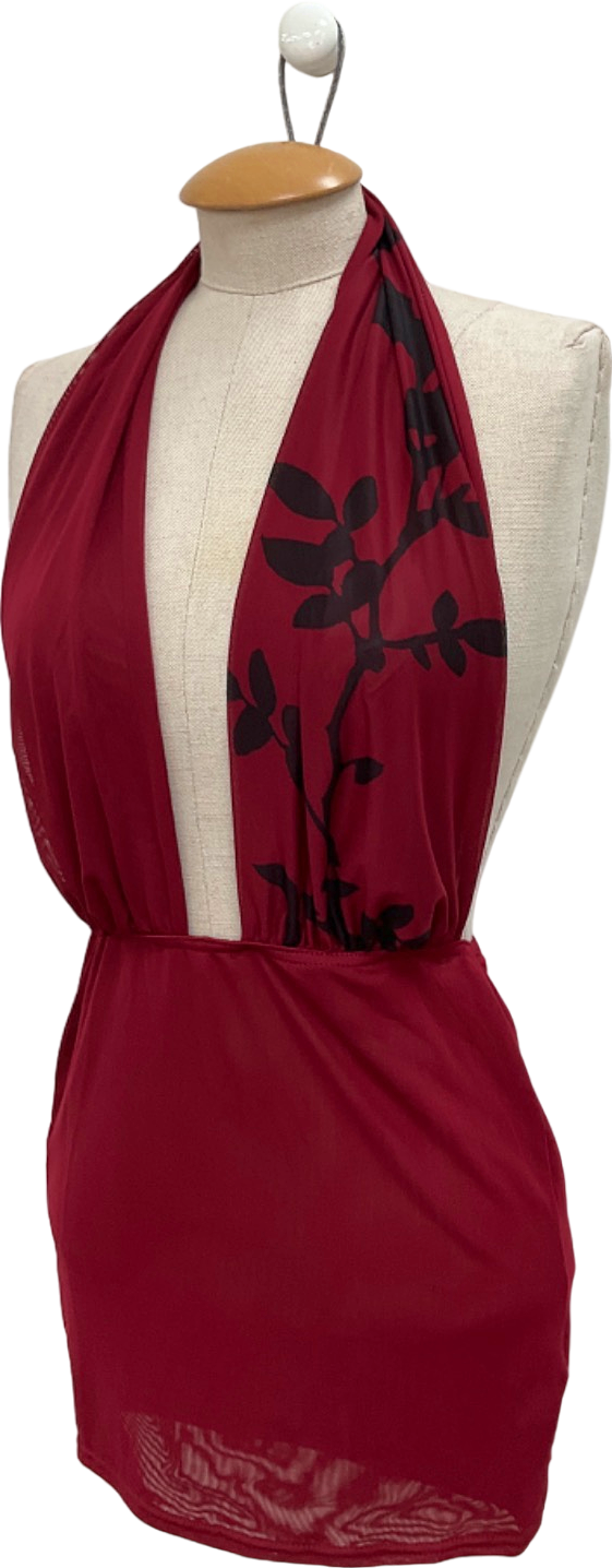 PrettyLittleThing Dark Red Flower Printed Mesh Extreme Plunge Top UK 8