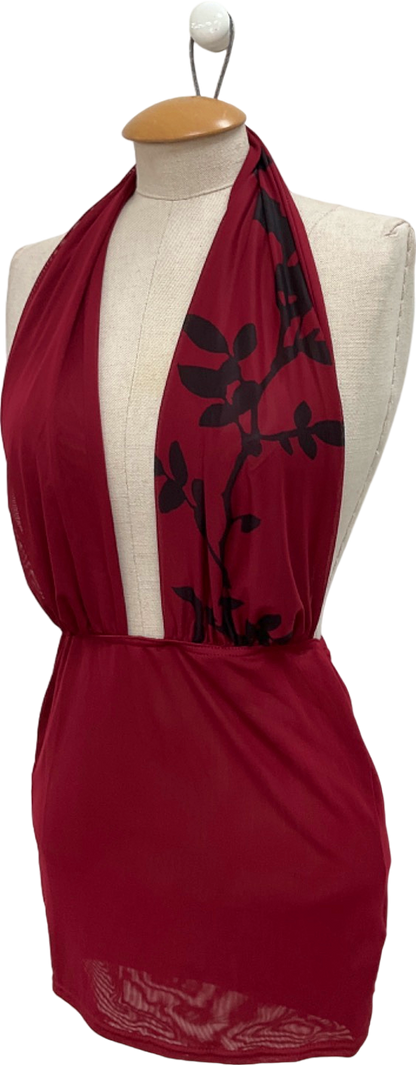 PrettyLittleThing Dark Red Flower Printed Mesh Extreme Plunge Top UK 8