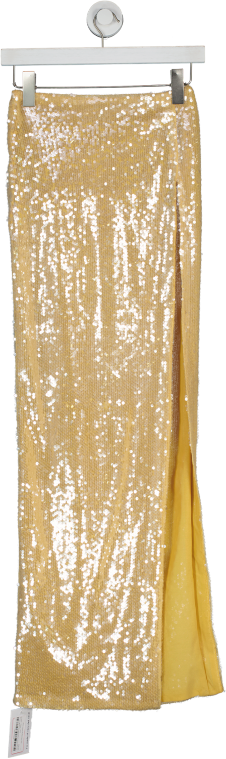 Oh Polly Yellow Sheer Sequin Mid Rise Maxi Skirt UK 6