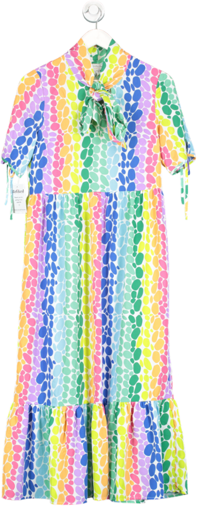 Never Fully Dressed Multicoloured Tie Neck Trapeze Dress In Rainbow Polka Dot UK 8