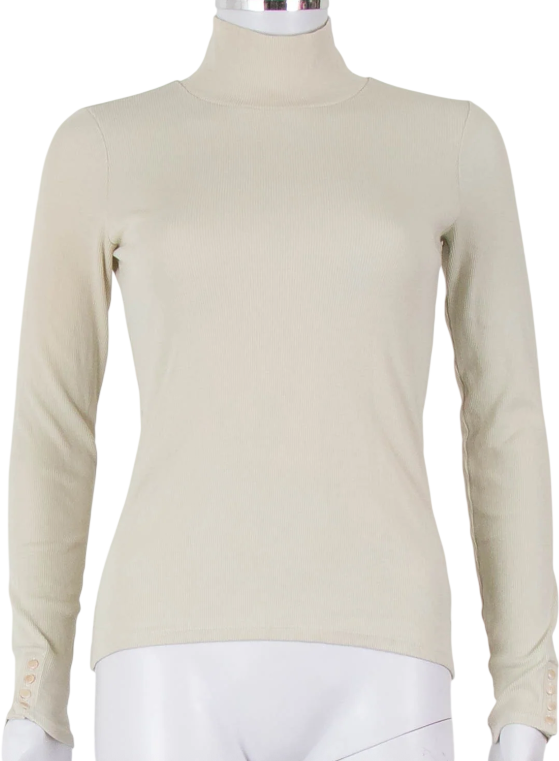 Sezane Cream Beige Cotton Ribbed Long Sleeve T-shirt UK S