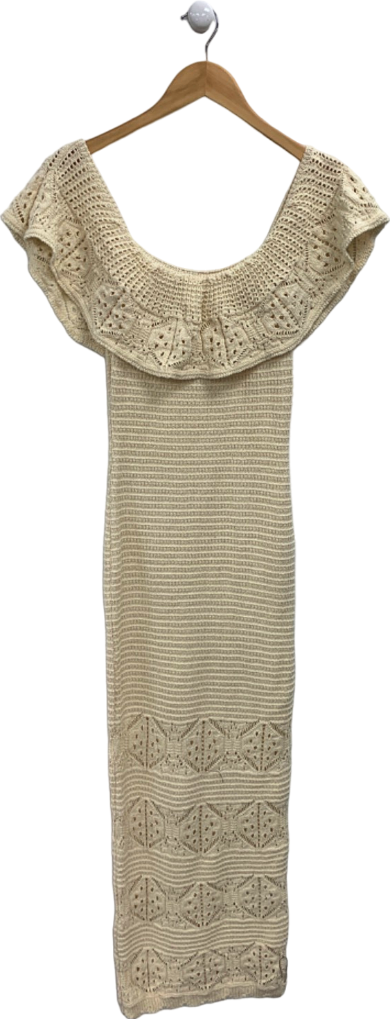 Lipsy Neutral Bardot Crochet Maxi Dress UK 8