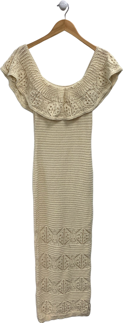 Lipsy Neutral Bardot Crochet Maxi Dress UK 8