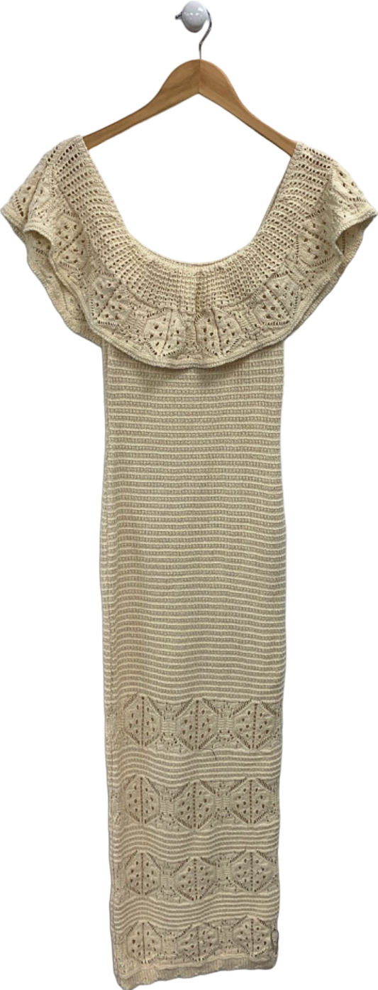 Lipsy Neutral Bardot Crochet Maxi Dress UK 8