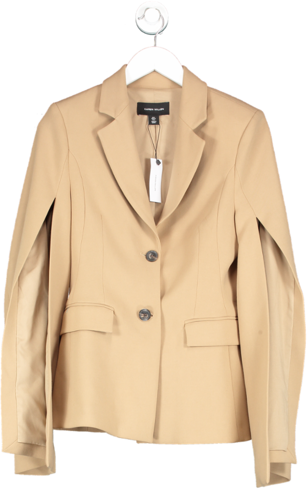 Karen Millen Beige Compact Stretch Statement Sleeve Longline Blazer UK 6