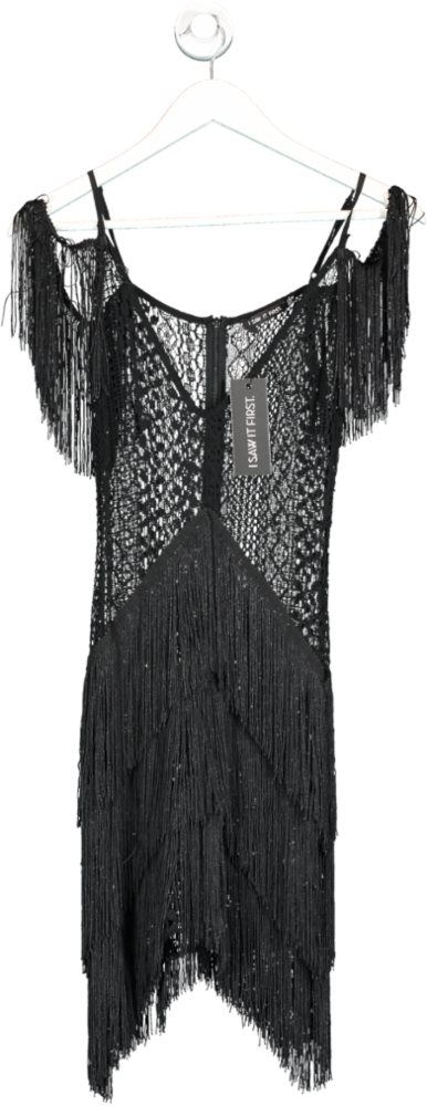 I saw it first Black Lace & Fringe Cold Crochet Shoulder Dress UK 6