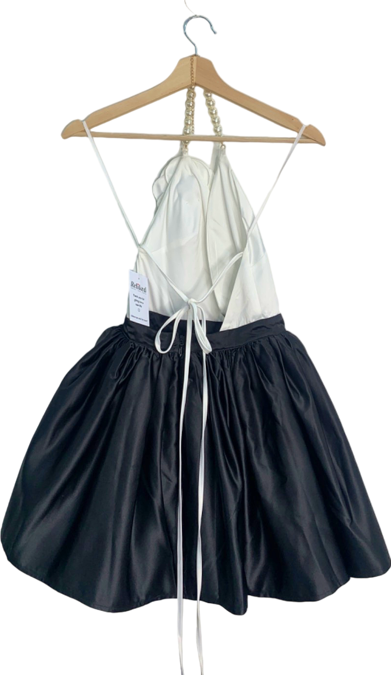 NovaLuxe Black & White Halter Dress with Pearl Strap and Rosette Accent UK 8