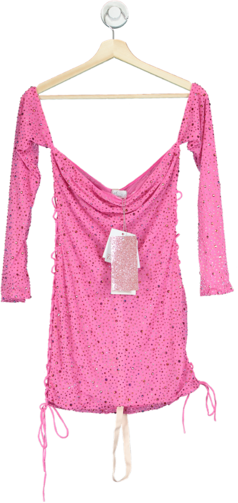 Oh Polly Embellished Lace-Up Off-Shoulder Mini Dress in Bubblegum Pink UK 10