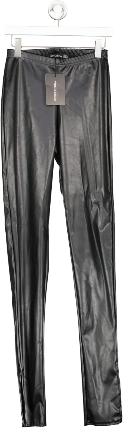 PrettyLittleThing Black Shape Split Hem Leather Look Trousers UK 12