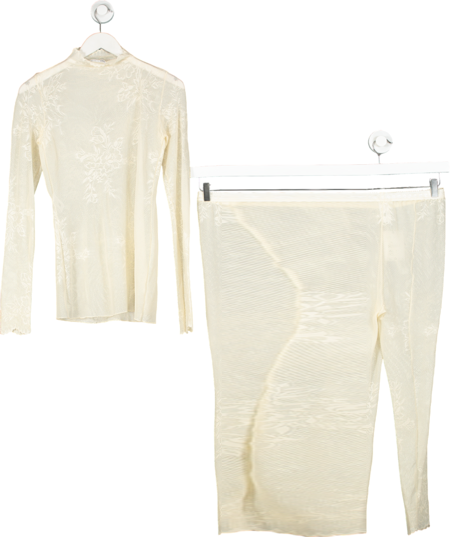 ZARA Floral Print Cream Crochet Trouser Set UK S
