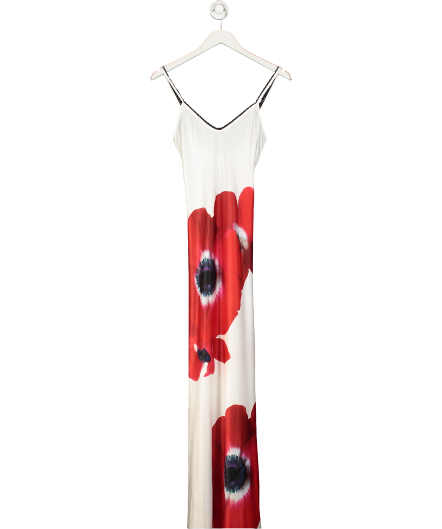 Serena Bute White Satin Poppy Printed Slip Maxi Dress UK 6