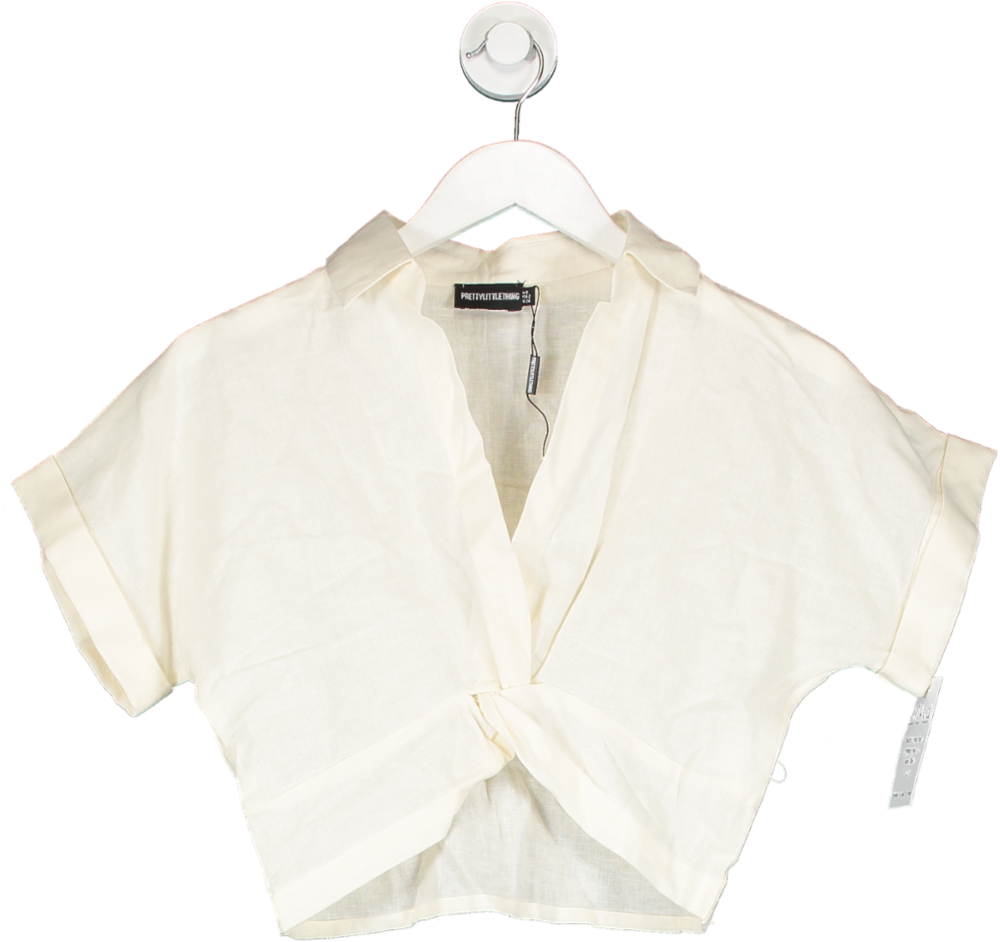 PrettyLittleThing Cream Linen Look Twist Front Short Sleeve Shirt UK 6