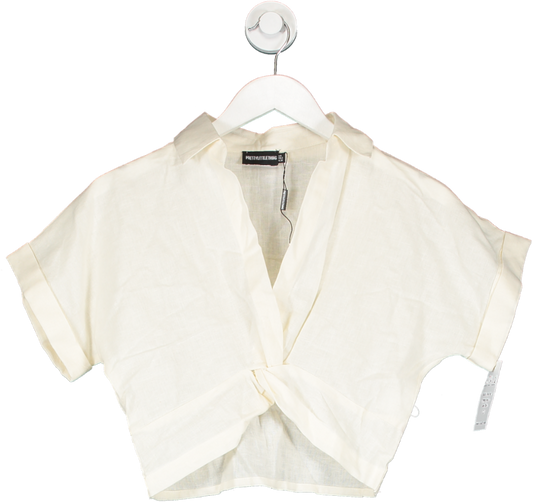 PrettyLittleThing Cream Linen Look Twist Front Short Sleeve Shirt UK 6