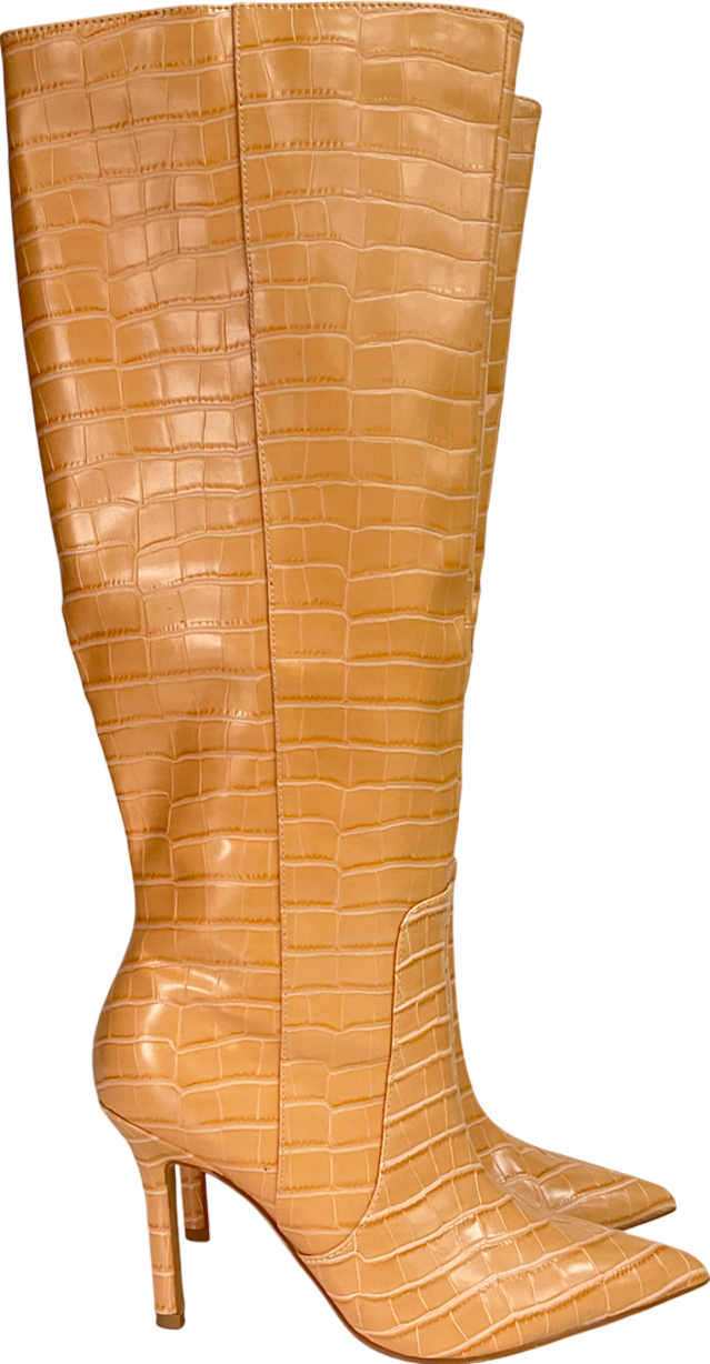 Public Desire Beige Best Believe Caramel Croc Pointed Toe Heeled Knee High Boots UK 6 EU 39 👠