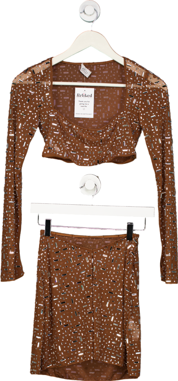 Oh Polly Brown Sequin Mesh Crop Top and Skirt Set UK 6