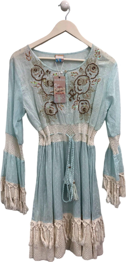 SIYA Blue Embroidered Boho Dress One Size