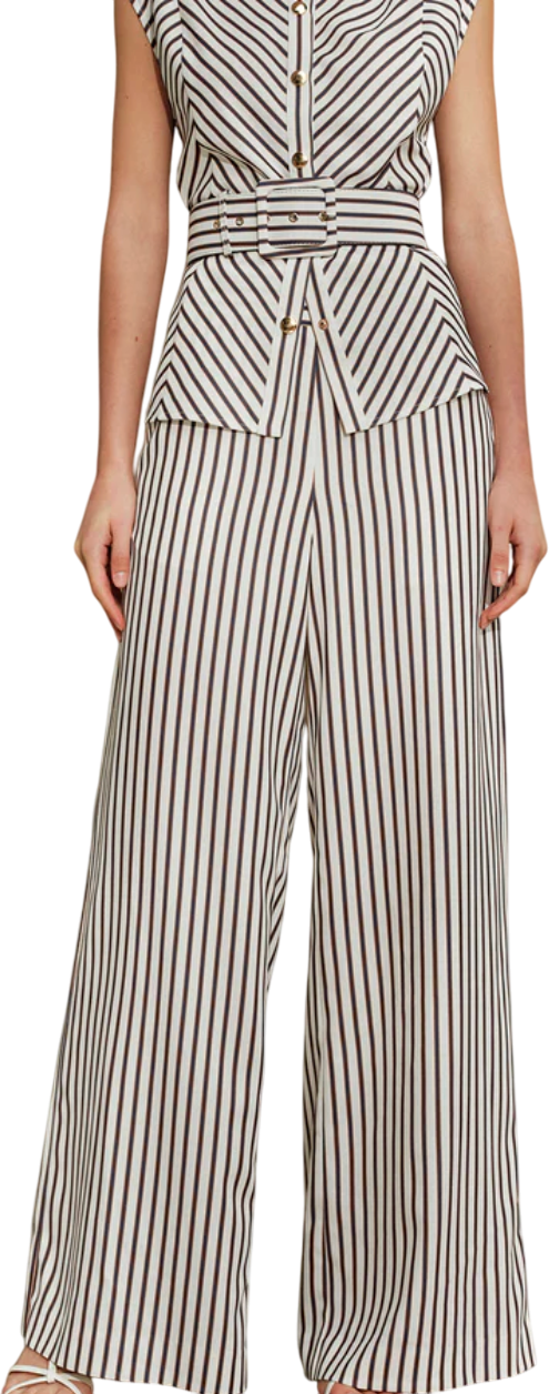 COMMENSE 2-piece Ivory White / Navy Striped Waistcoat Top And Wide Leg Trouser Set With Wide Waist Belt UK S