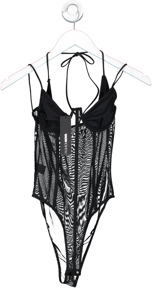 Fashion Nova Black Alora Strappy Mesh Bodysuit UK XS