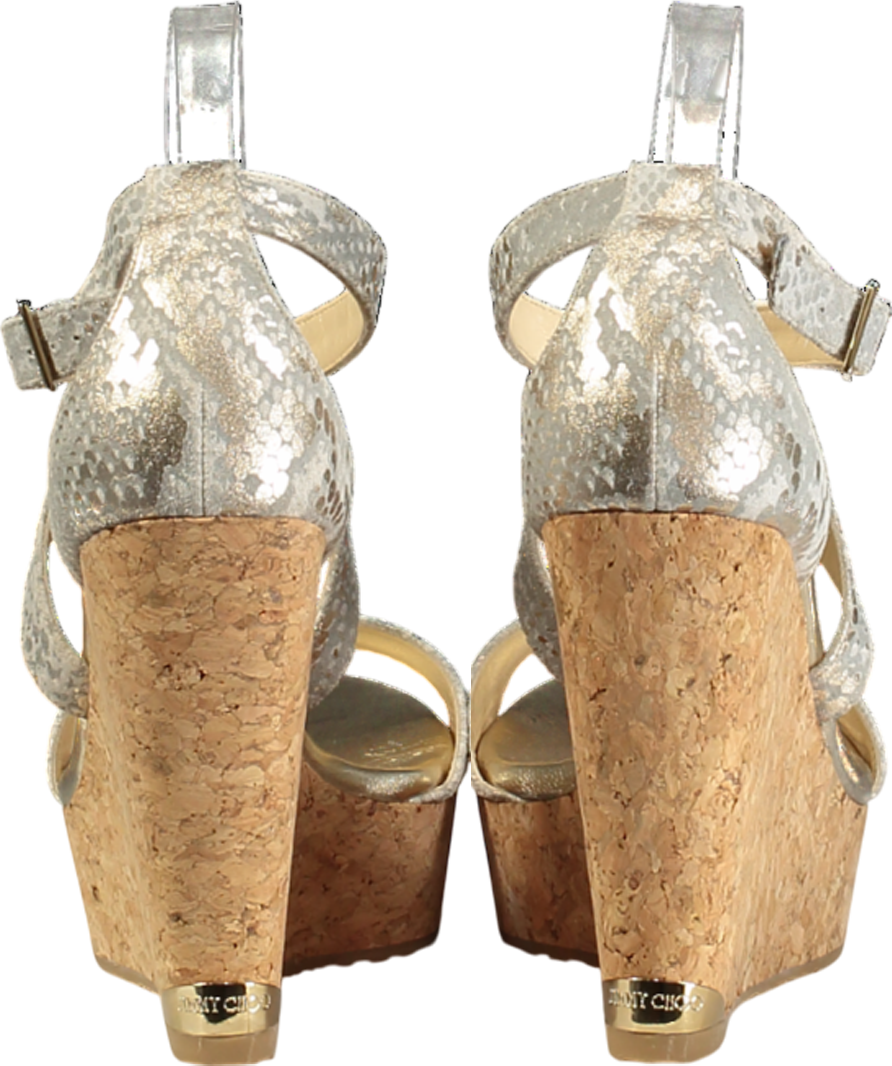 Jimmy Choo Metallic Gold Portia 120 Snakeprint Cork Wedges UK 8 EU 41 👠