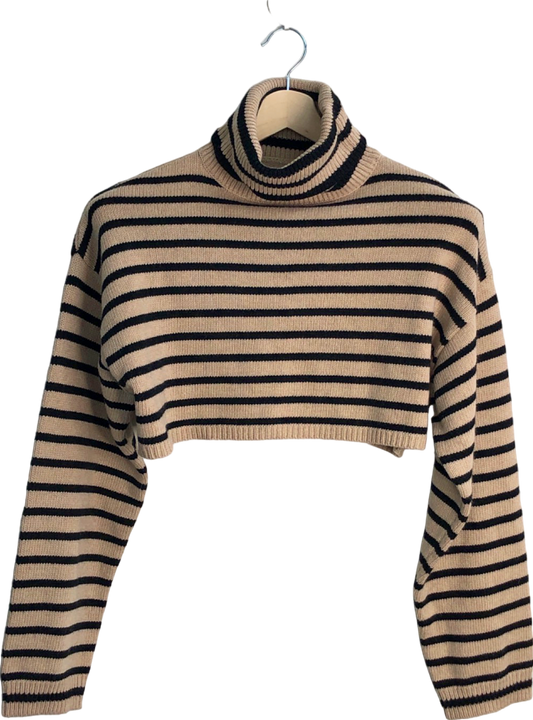 The Frankie Shop Beige and Black Striped Cropped Turtleneck Sweater UK XS