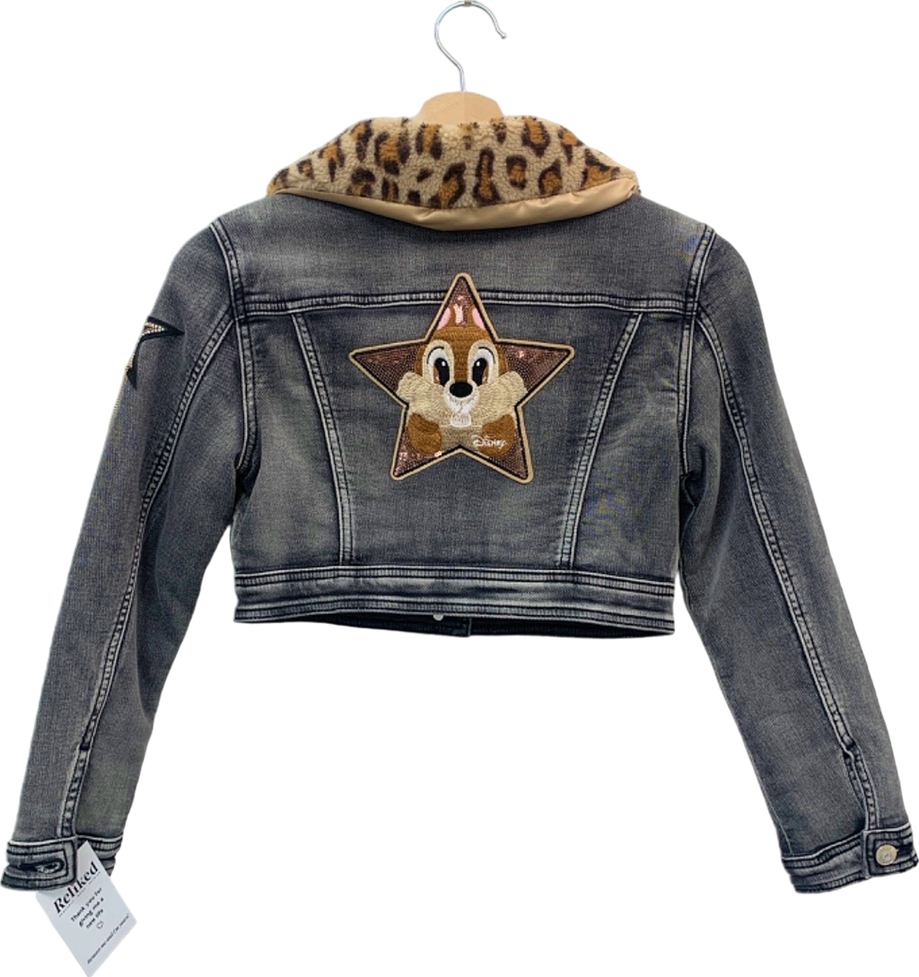 Monnalisa Grey Denim Jacket with Leopard Print Fur Collar SZ  140cm 10 years