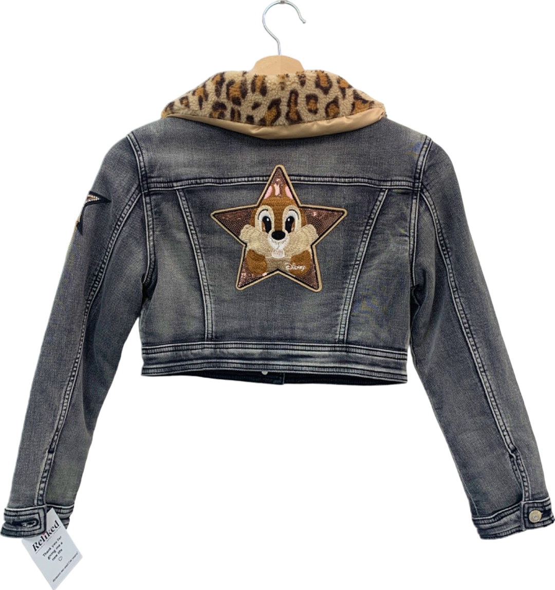 Monnalisa Grey Denim Jacket with Leopard Print Fur Collar SZ  140cm 10 years