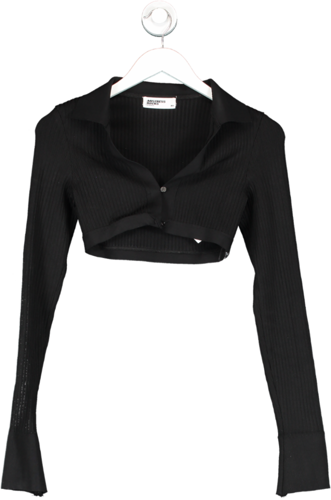 Mistress Rocks Black Collared Cropped Long Sleeve Button Front Top UK XS