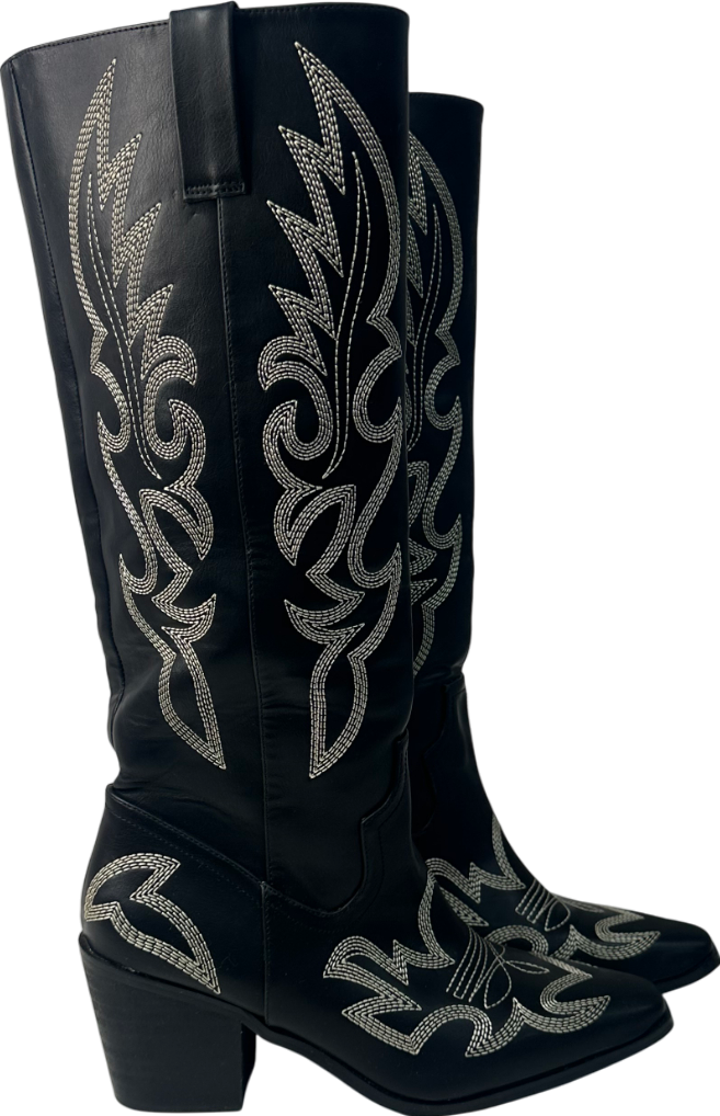 boohoo Black Vintage Look Calf Detail Embroidered Western Cowboy Boots UK 5 EU 38 👠