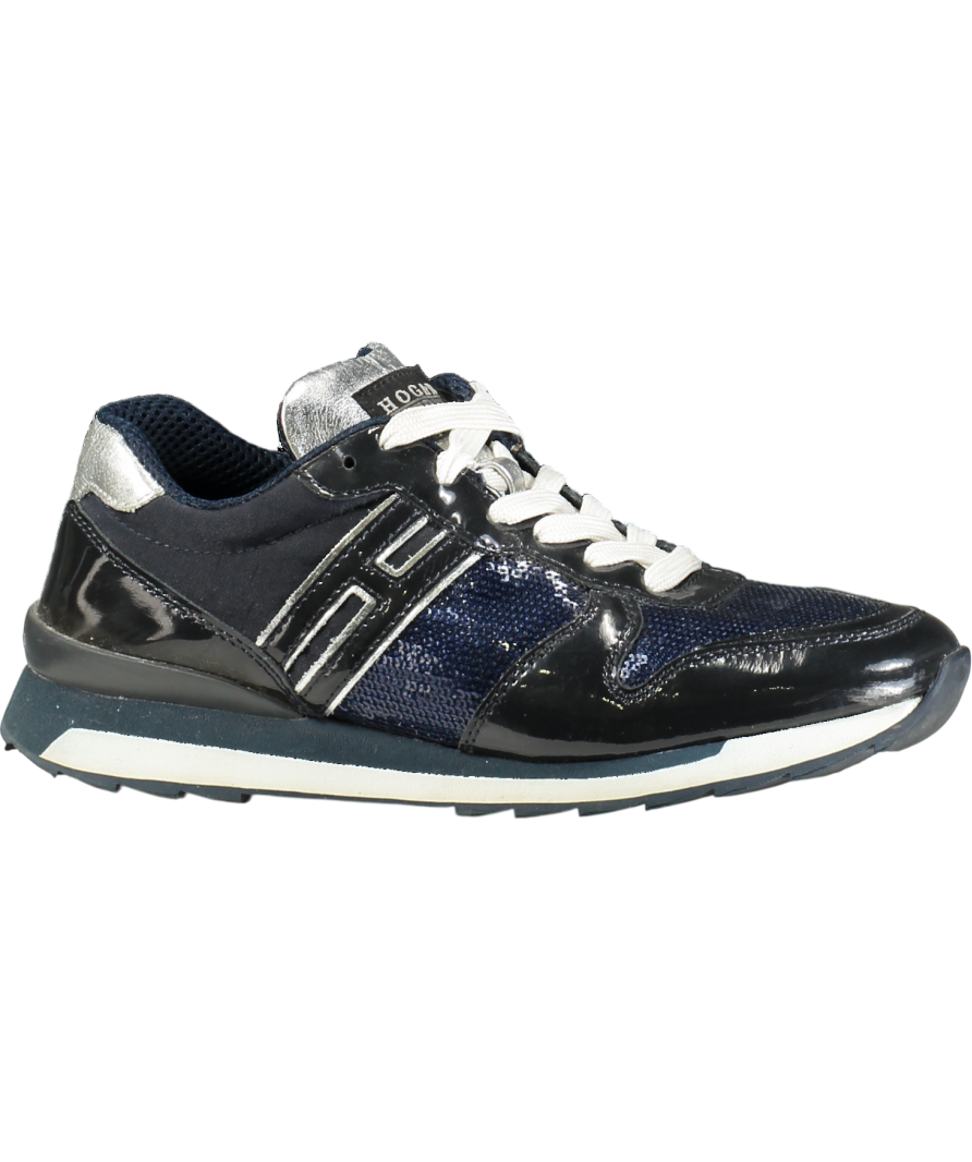 HOGAN Blue Navy Patent "H" Logo Sequin Trimmed Trainers UK 4.5 EU 37.5 👠