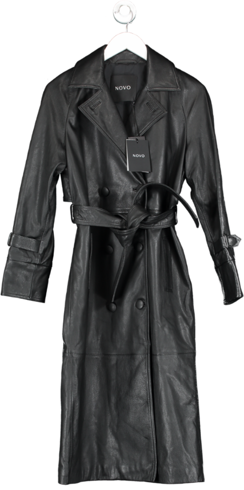Novo Black Double Breasted Leather Trench Coat With Waist Belt UK 6